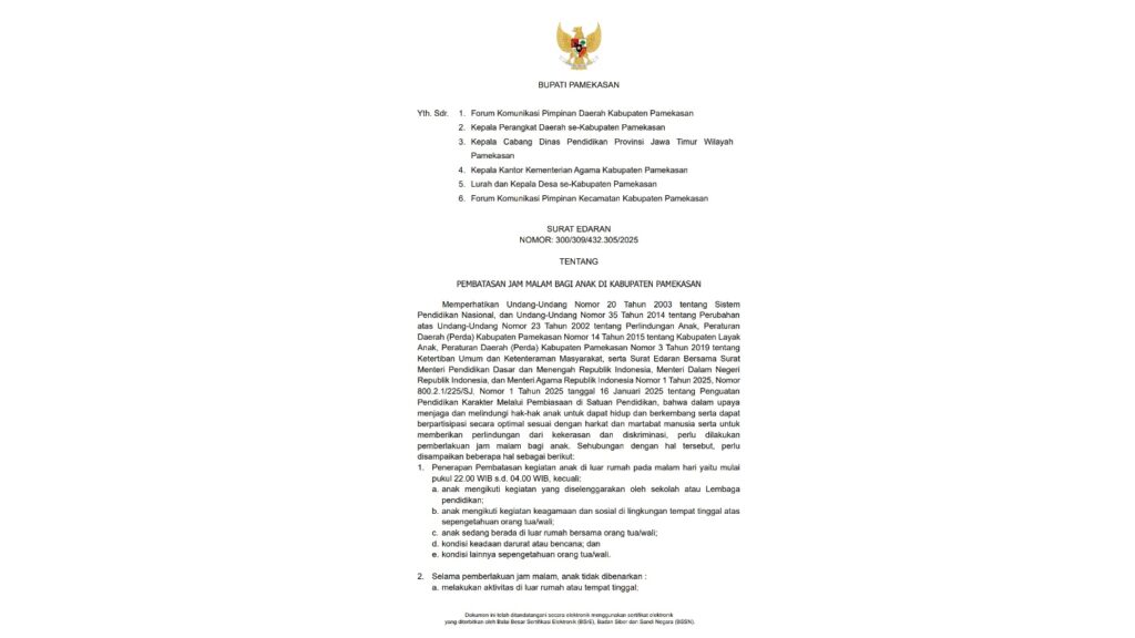 Jamin Hak Hidup Anak, Bupati Pamekasan Keluarkan SE Pembatasan Jam Malam